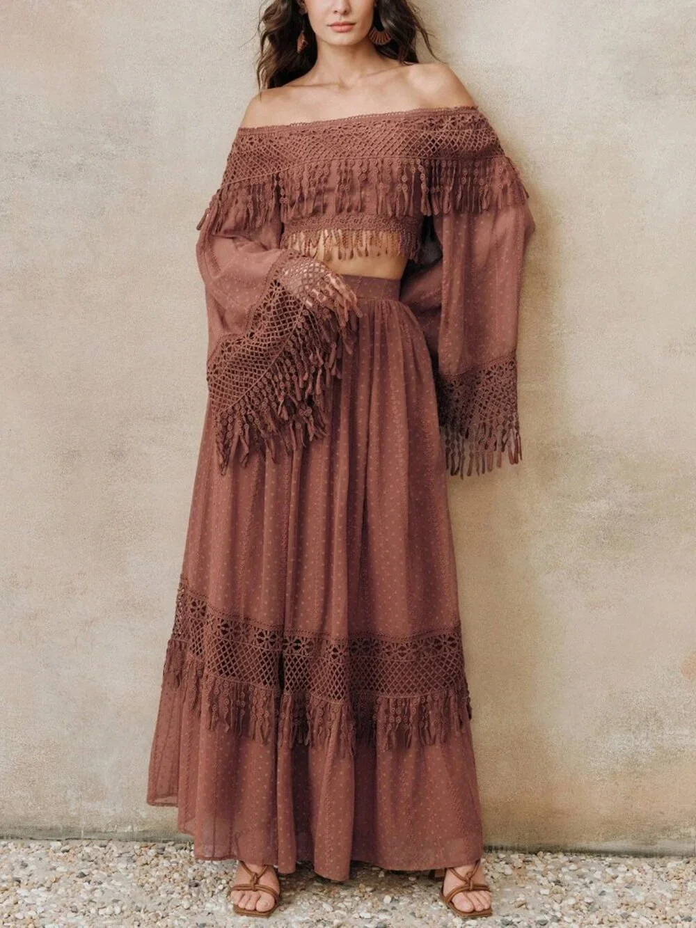 Boho brown Women's Off Shoulder fringe deailed top w/ skirt 2-Piece Set - Picture 6 of 7